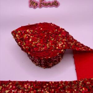 LISTON LENTEJUELA TERCIOPELO ROJO DORADO DE 7.5 CM