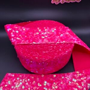 LISTON LENTEJUELA TERCIOPELO ROSA NEON DE 7.5 CM